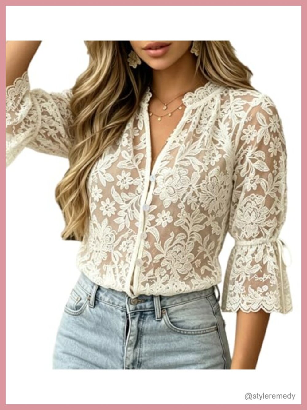 Boho Lace Top Womens Deep V Neck Button Down Bell Sleeve Blouse